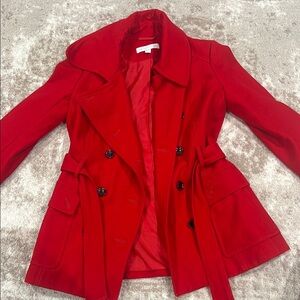 New York & Company Red Trench Coat with Tailored Fit and Flared Silhouette